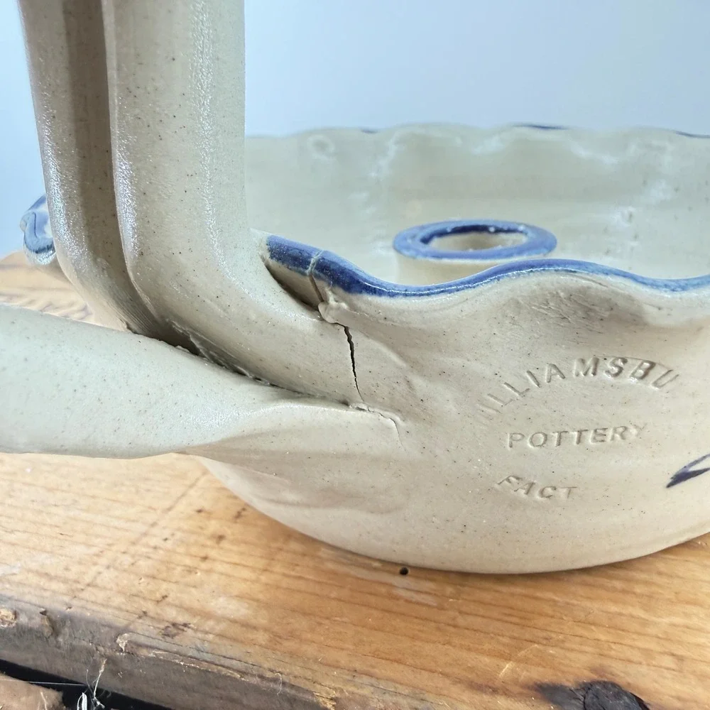 Williamsburg Pottery Chamberstick Candle Holder Cream Blue Floral Stoneware